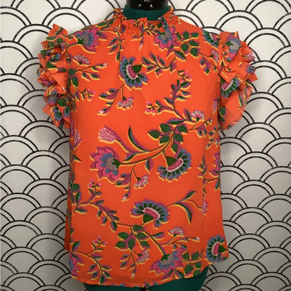 Sugarlips Orange Floral Ruffled Blouse – Size M